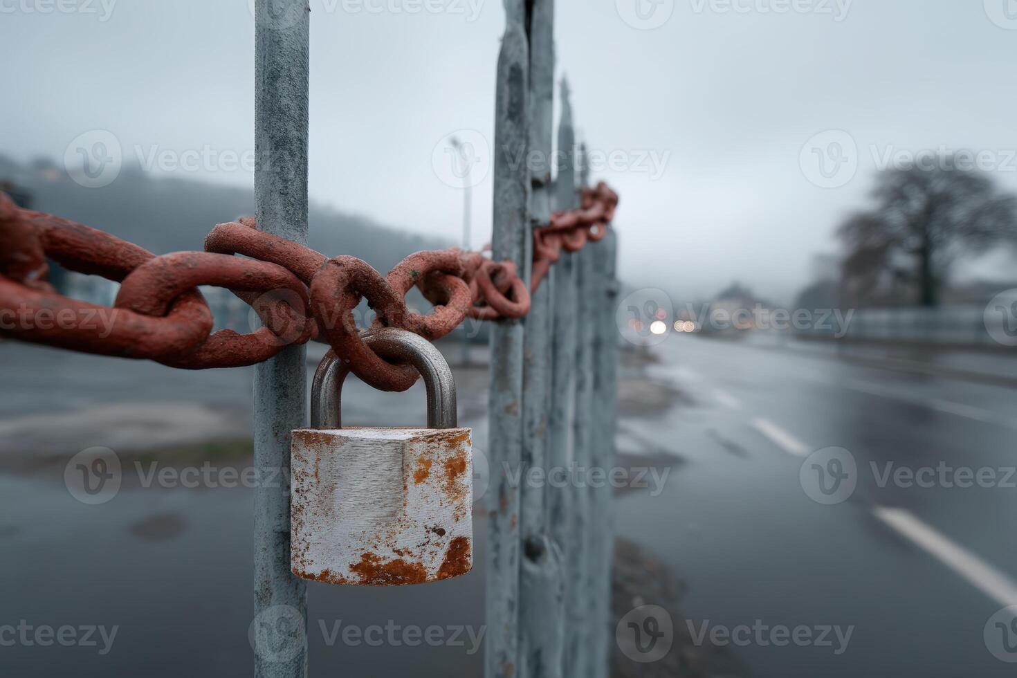 Rusty padlock secures a chain-link fence on a rainy day in an empty urban area photo