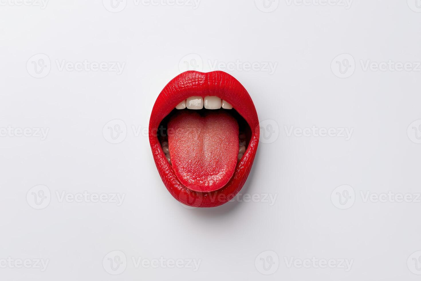 Bold red lips and a tongue displayed on a clean white background with creative flair photo