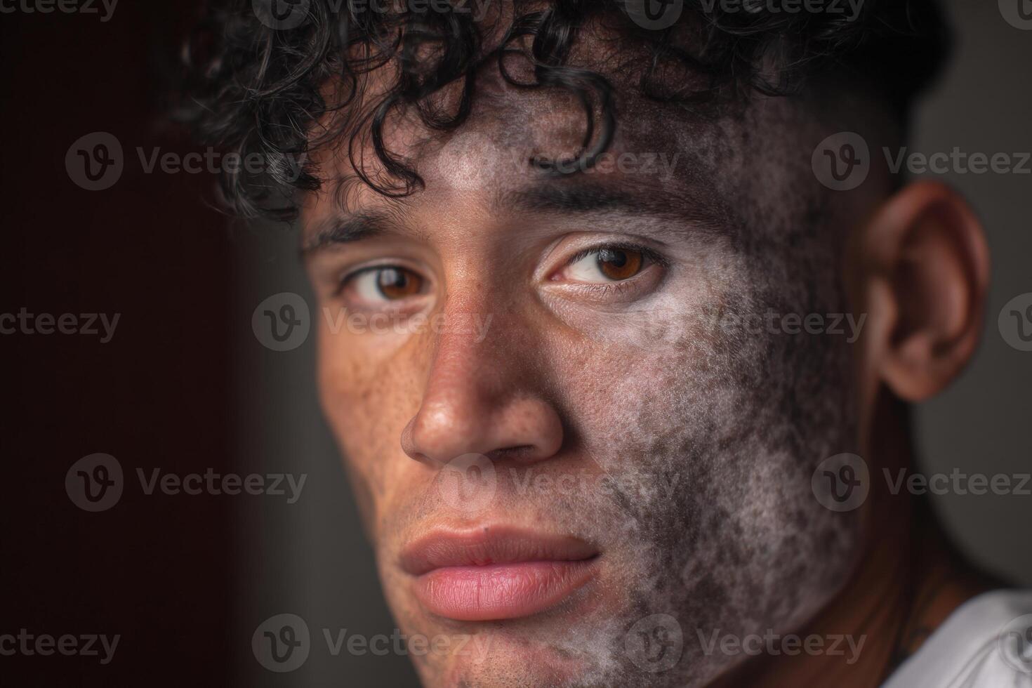 Young man with ash facial markings reflects on his experience in a cultural ritual photo