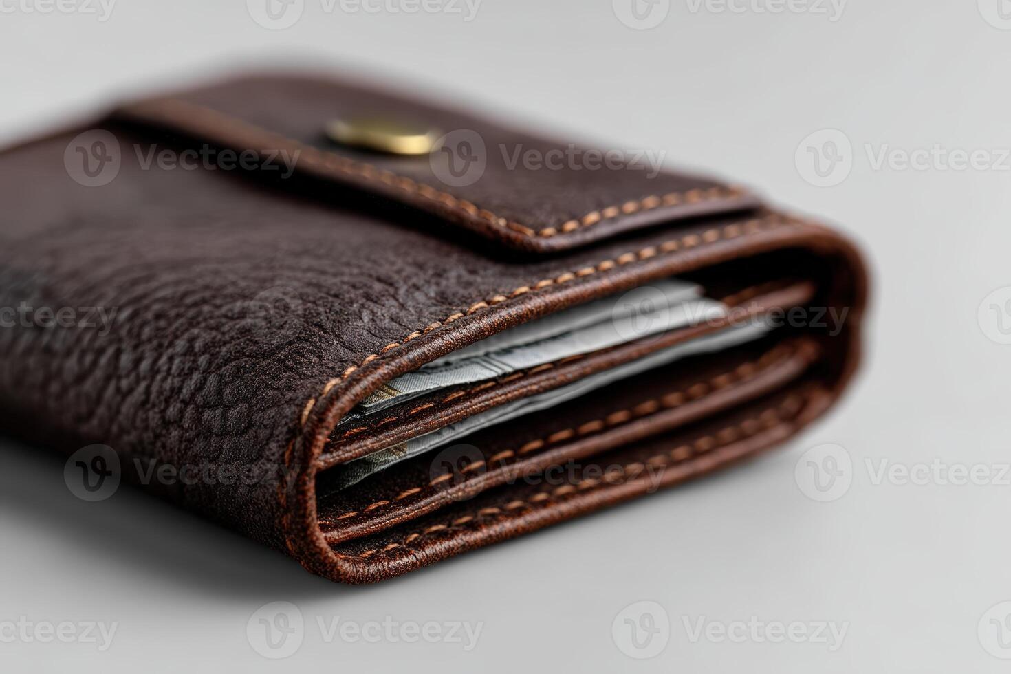 Brown leather wallet with cash and coins on a light gray surface during daylight photo