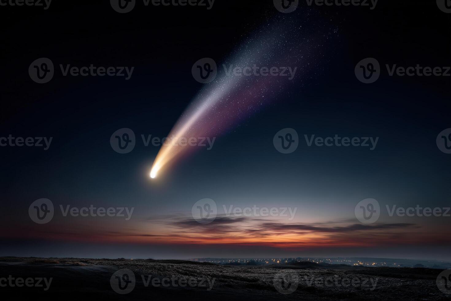 Stunning comet streaks across a twilight sky above a coastal landscape photo