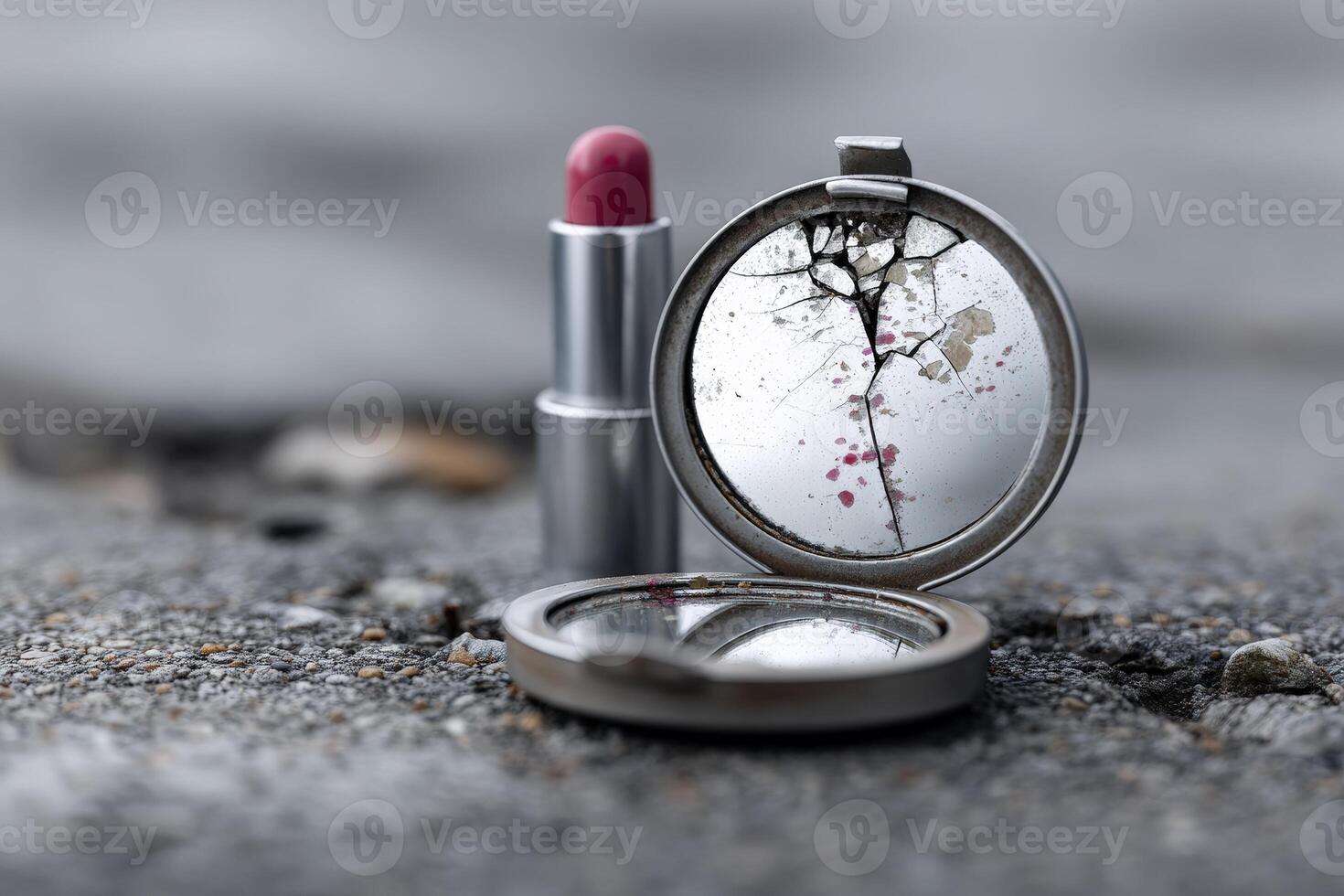 Reflective compact and lipstick on textured stone surface by the waters edge at dusk photo