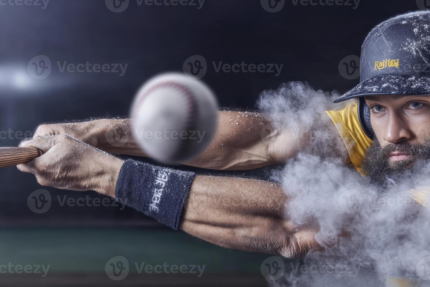 Baseball player swings bat at ball during night game under stadium lights photo