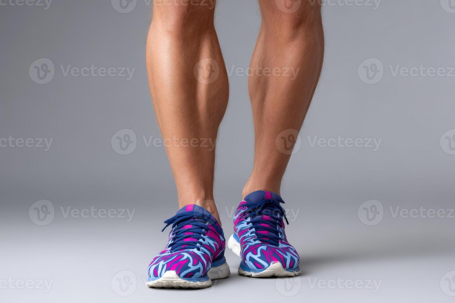 Colorful running shoes positioned on a gray background showcasing strong calves photo