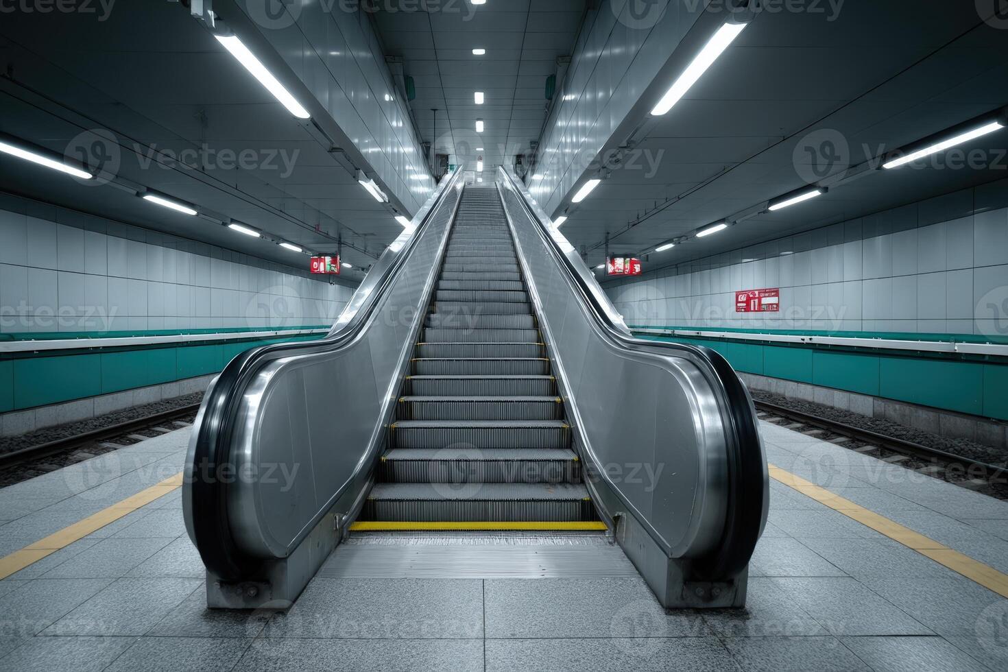 Modern escalator leading to the subway station platform in an urban setting photo