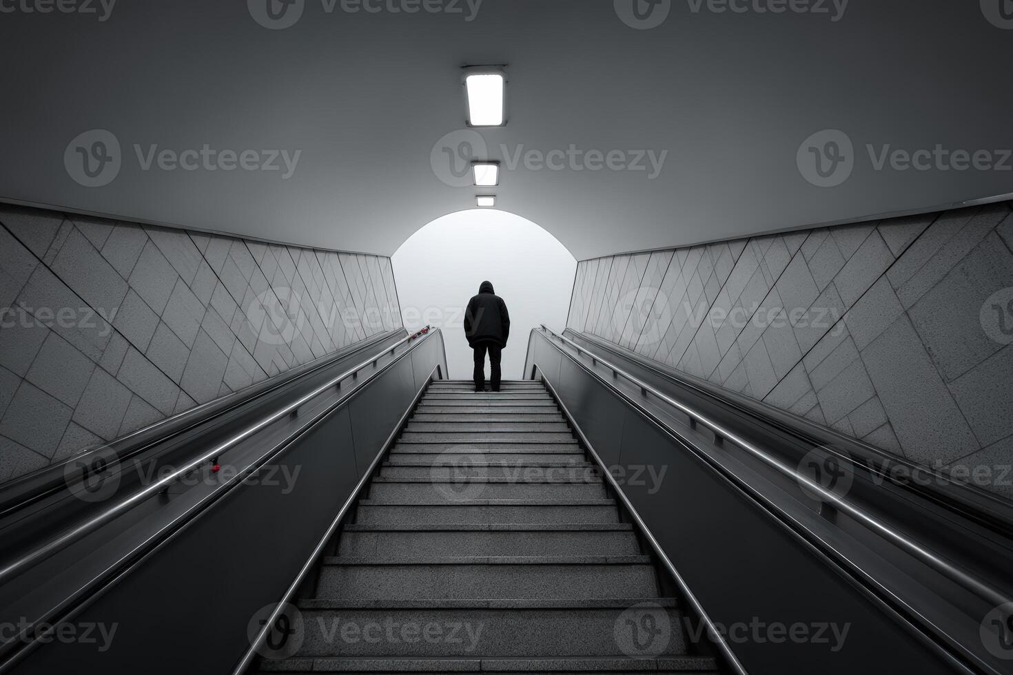 Person standing at the bottom of an escalator in a dimly lit tunnel at dawn photo
