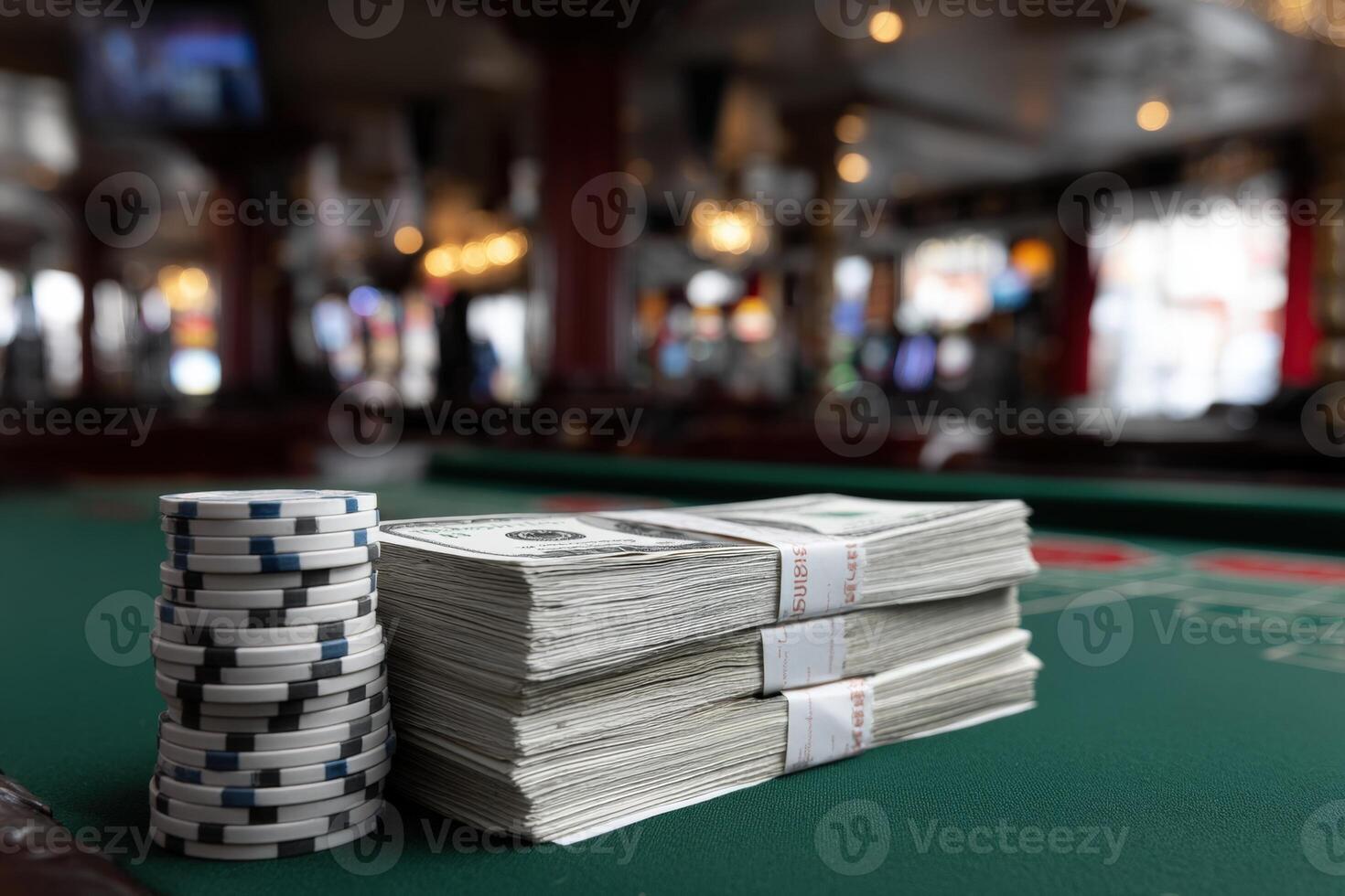 Stacks of cash and poker chips on a casino table after a successful game night photo