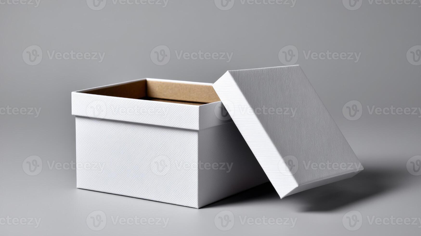 Simple white box with an open lid showcasing its interior on a neutral background photo