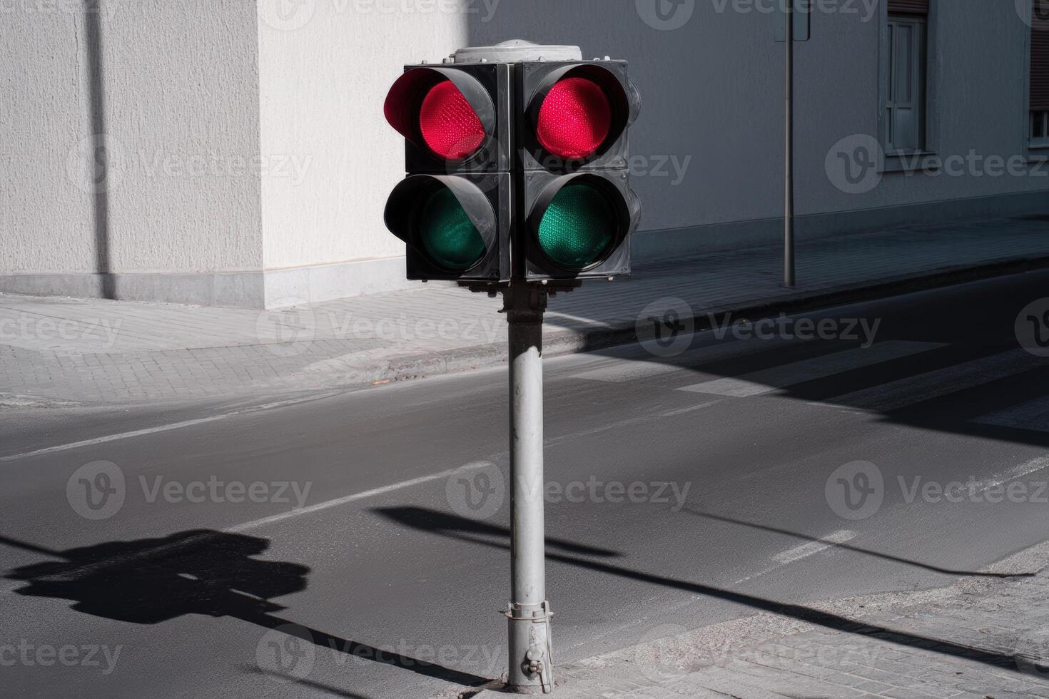 Traffic light displays red and green signals at urban intersection during daylight hours photo