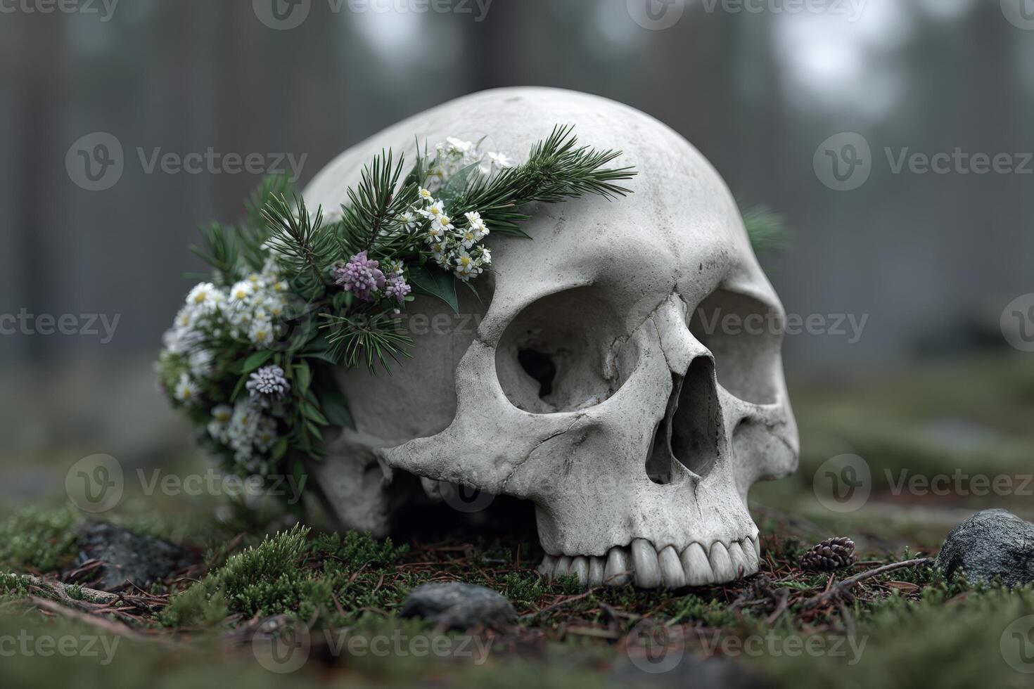 Skull adorned with flowers in a misty forest setting during the early morning photo