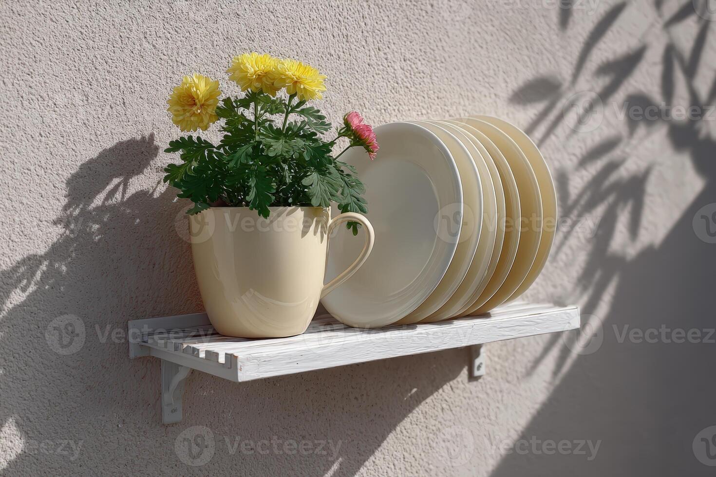 Cheerful flowers in a mug beside neatly arranged plates on a white shelf outdoors photo