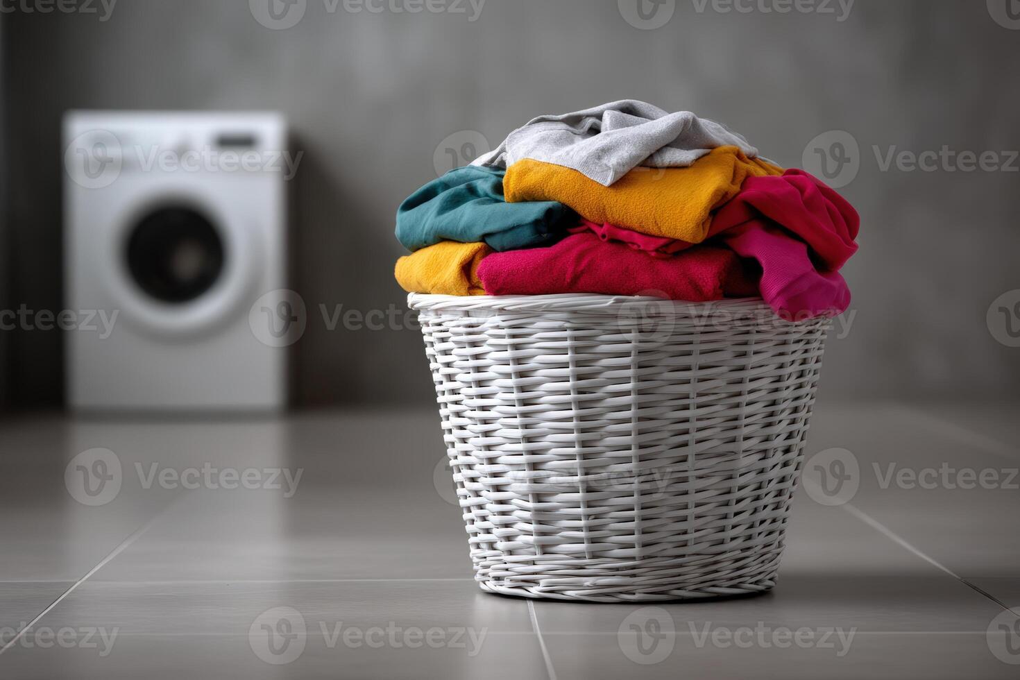 Wicker basket filled with colorful laundry in a modern laundry room photo