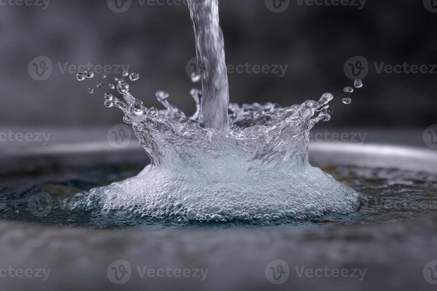 Water splashes as it falls into a basin creating mesmerizing bubbles and ripples photo