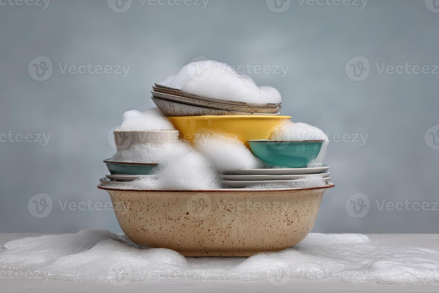 Dishes piled high with soap suds in a clean kitchen setting during afternoon light photo