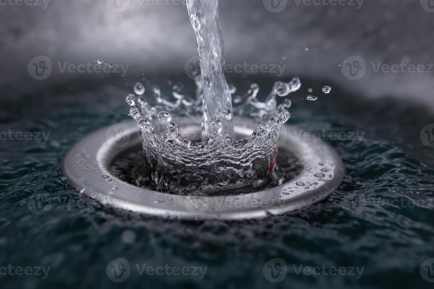 Water splashing in sink drain with circular metal strainer in kitchen photo