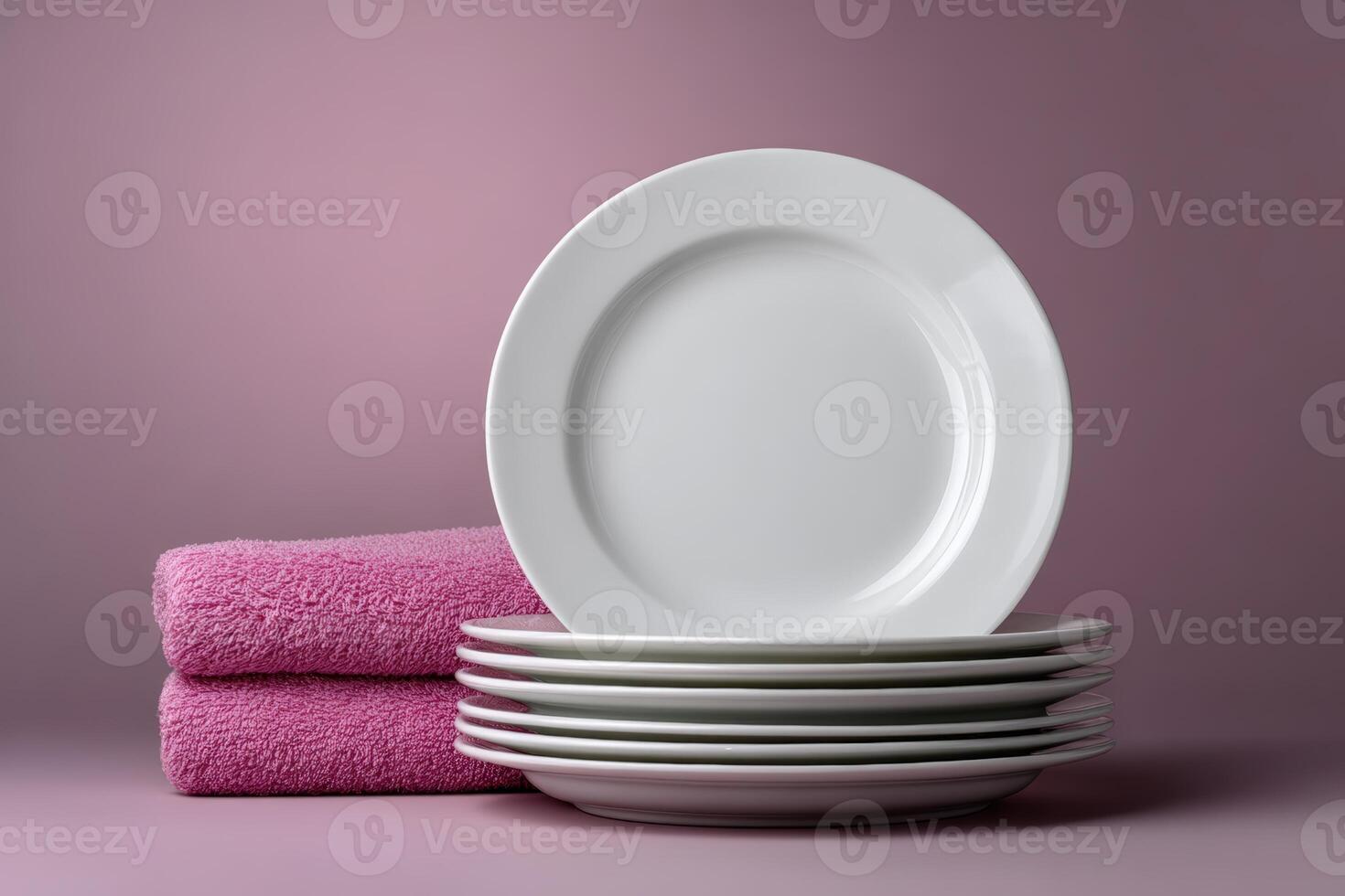 Stack of white plates beside fluffy pink towels in a minimalist setting photo