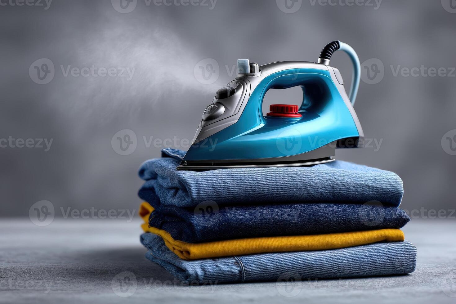Iron rests on a pile of neatly folded clothes ready for steaming photo