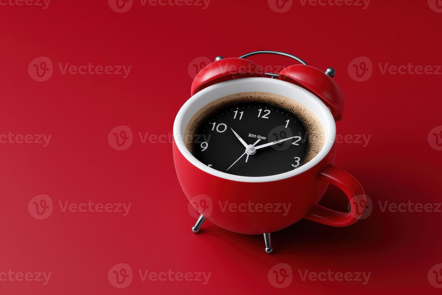 Unique red alarm clock resting in a coffee cup on a vibrant red background photo