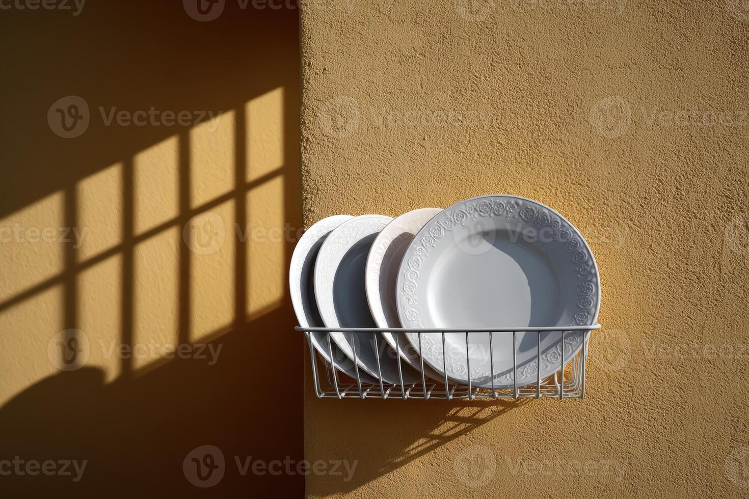 White plates arranged in a metal rack against a yellow wall with shadows photo