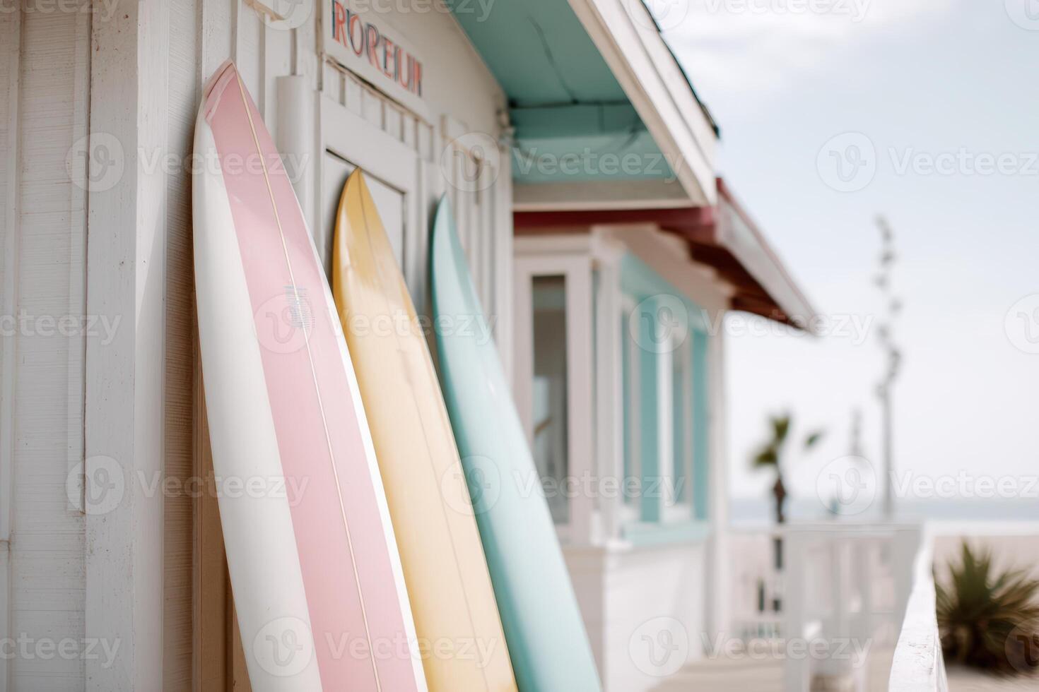 Colorful surfboards displayed outside a beach cottage by the ocean on a sunny day photo