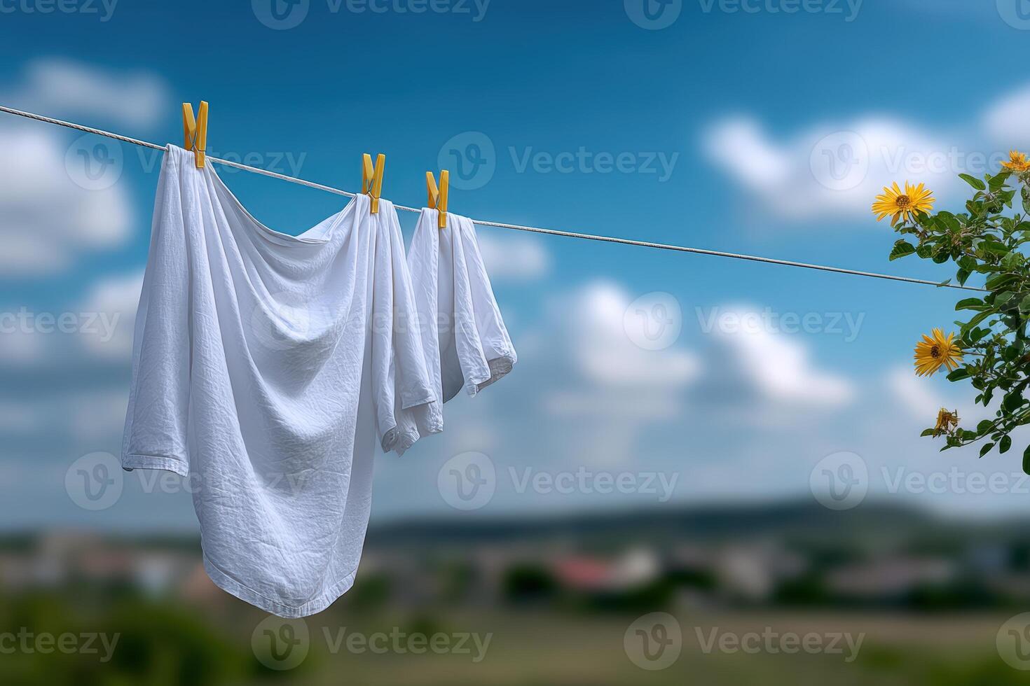 White laundry hanging on a clothesline against a scenic backdrop of blue sky and clouds photo