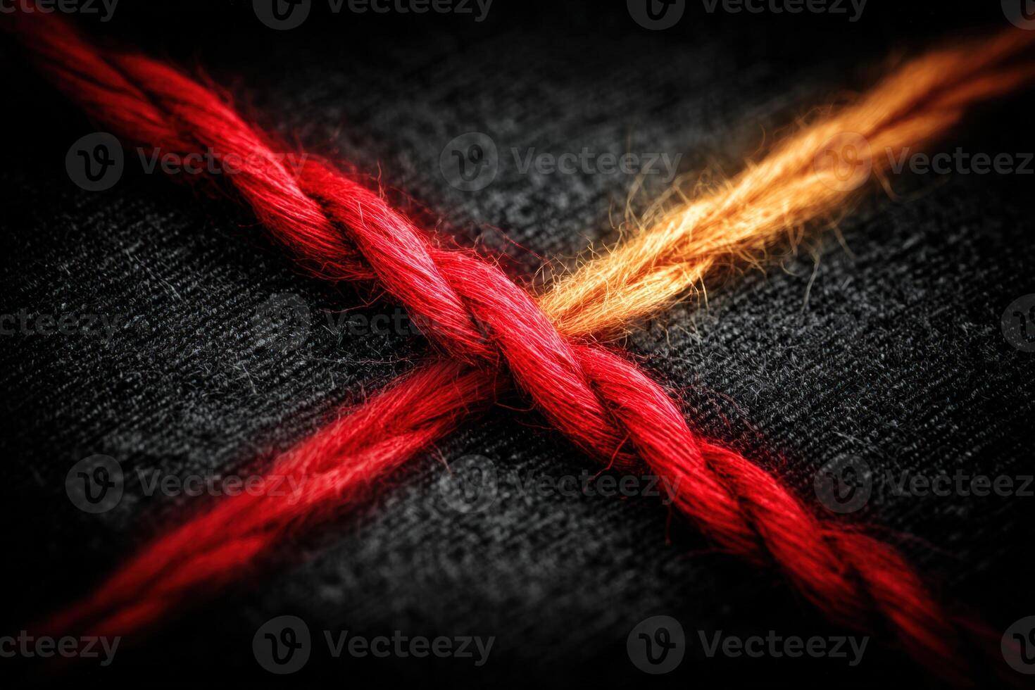 Twisted red and orange threads create a striking pattern on dark fabric photo