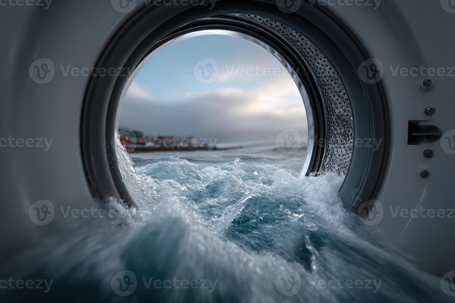 Waves crashing through a washing machine door at a coastal village during cloudy weather photo