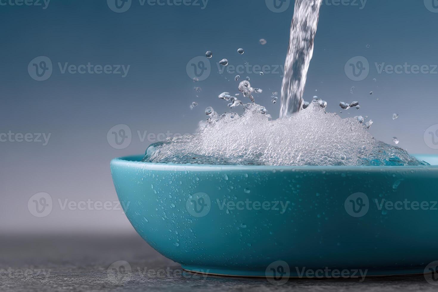 Water pours into a bowl creating bubbles and foam in a serene setting photo