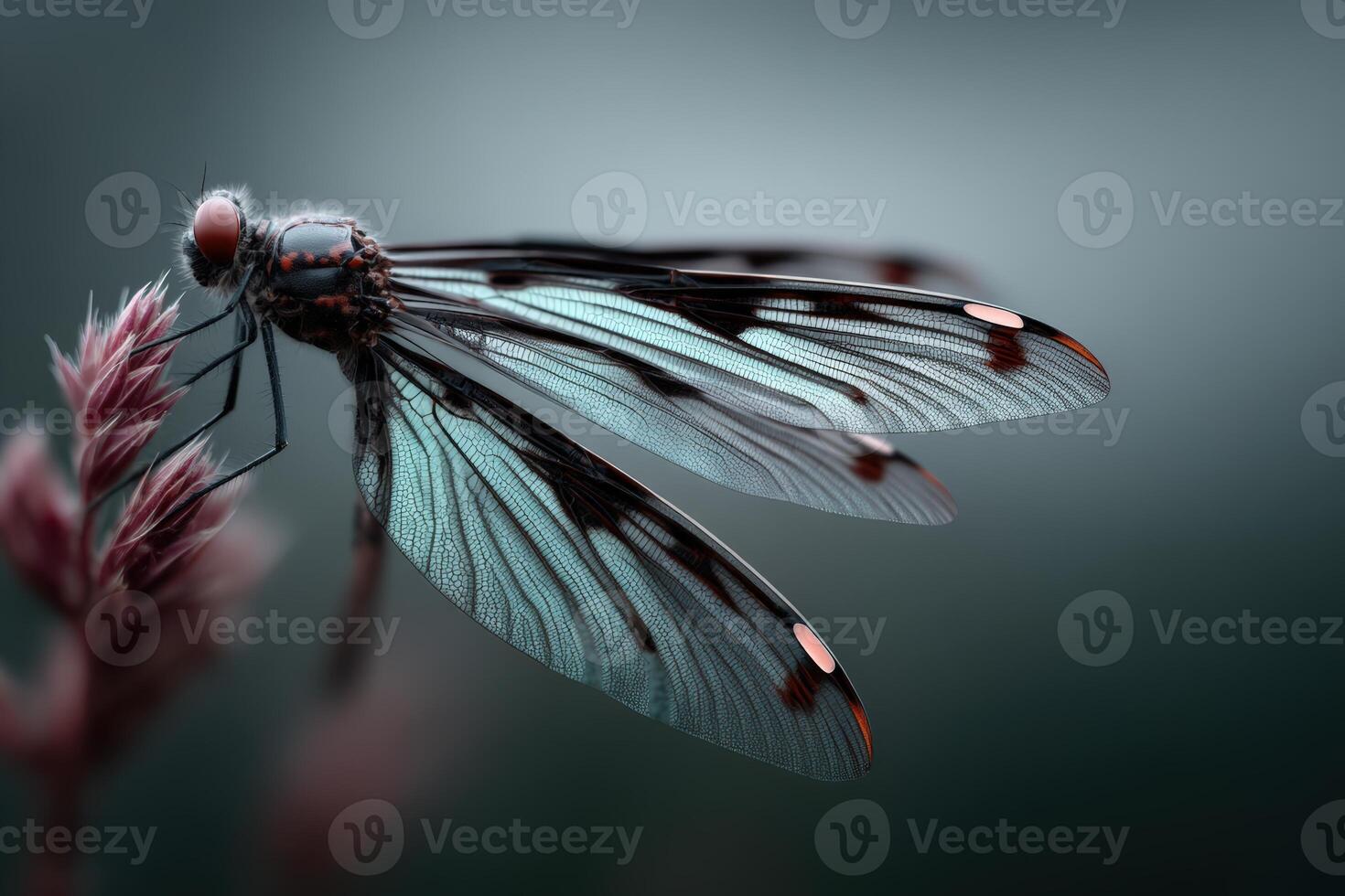 Insect with delicate wings fluttering gently on a flower at dusk photo