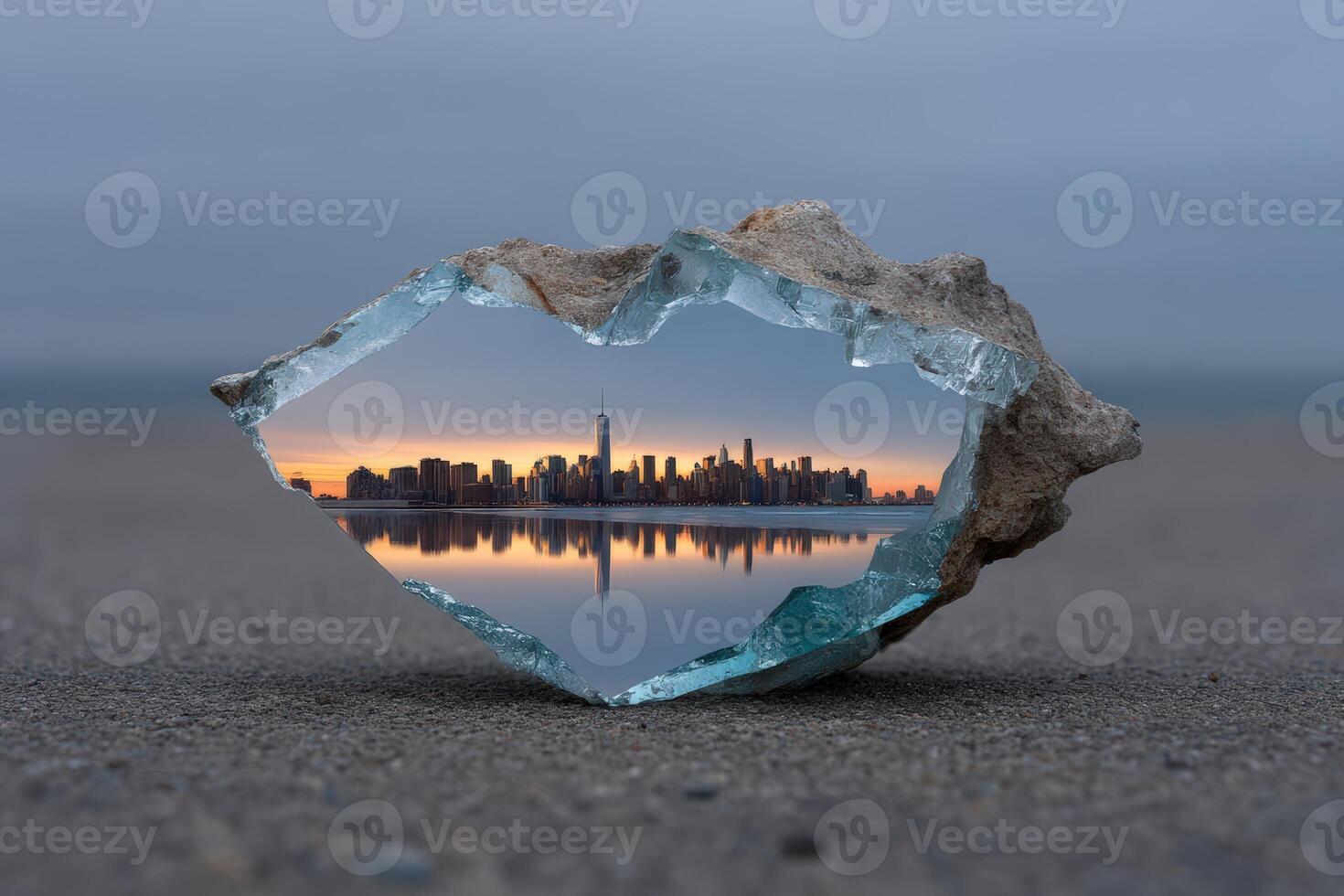 Rearranged mirror reflection forms a unique skyline at dusk photo