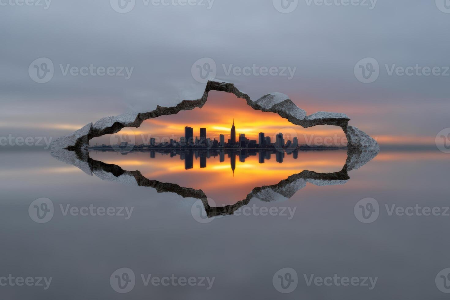Mirror forms an imaginative skyline amidst a serene sunset reflection photo