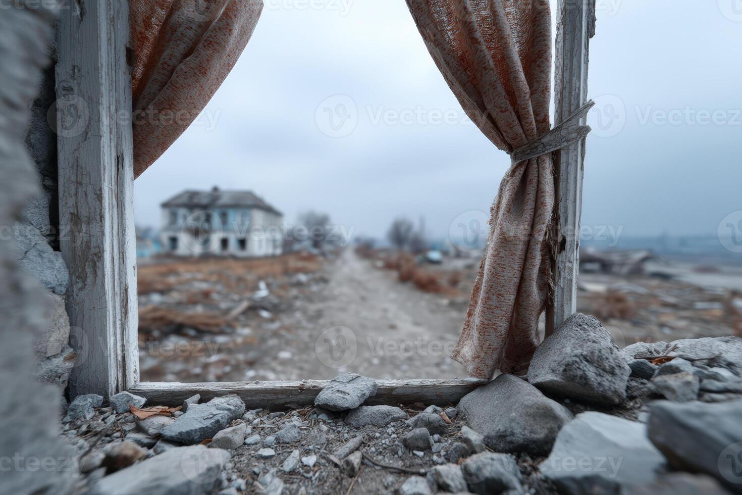 Curtains fluttering in a shattered window overlooking a desolate landscape of ruin and decay photo