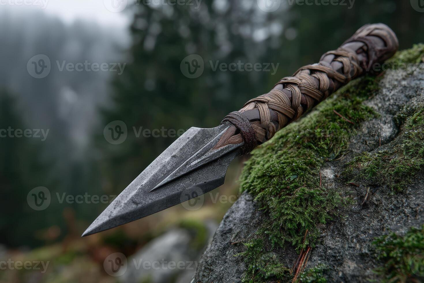 Craftsmanship of a braided spear with sharpened obsidian tip in a forest setting photo