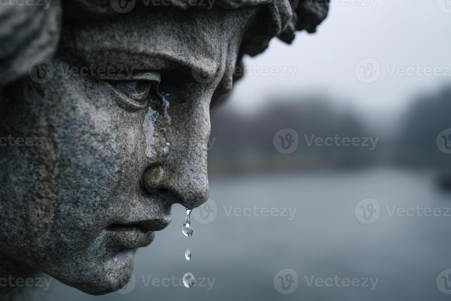 Water drips from a statue's face, merging with the emotion of the surrounding misty scene photo