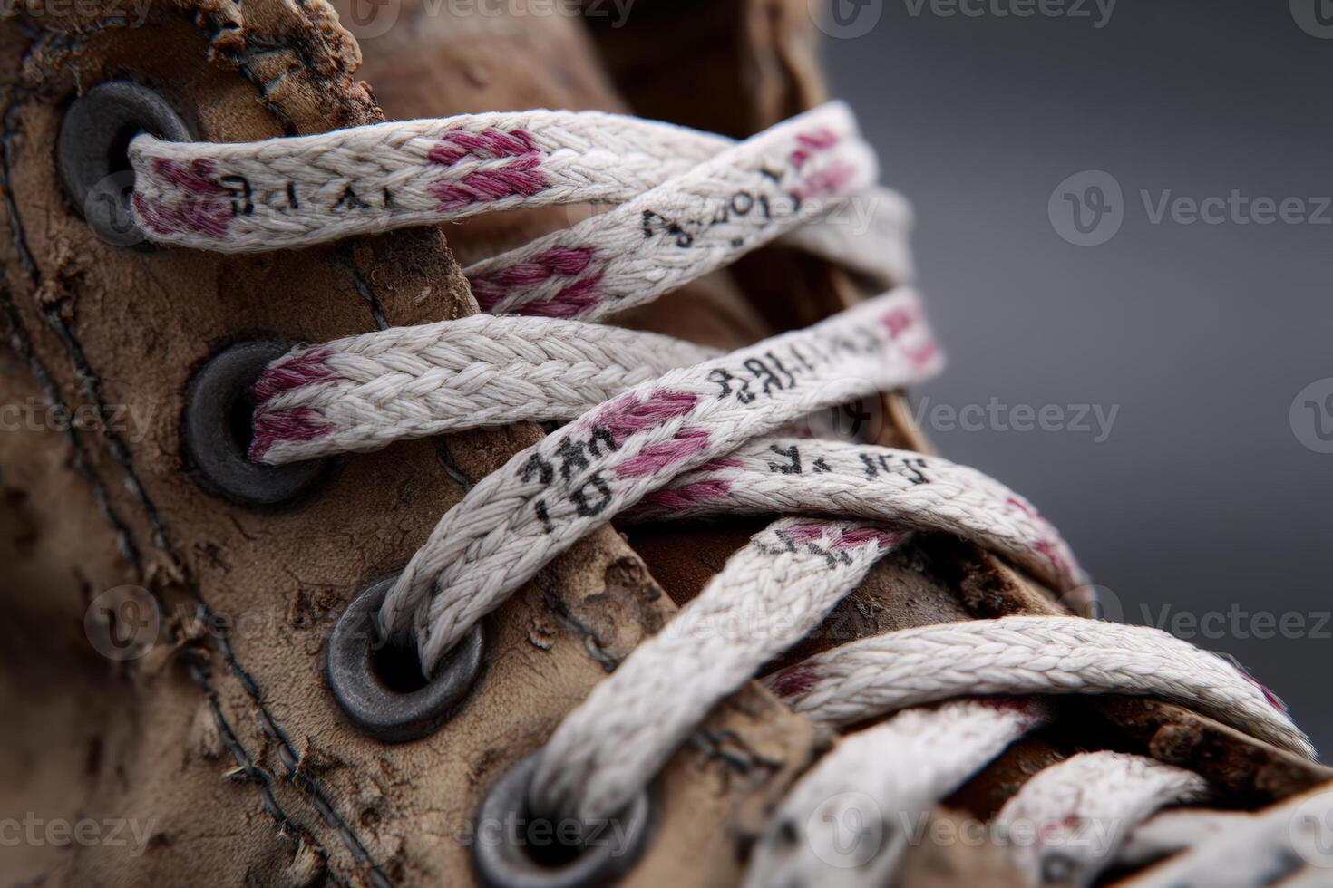 Shoelaces creatively form readable text on worn footwear in an artistic display photo
