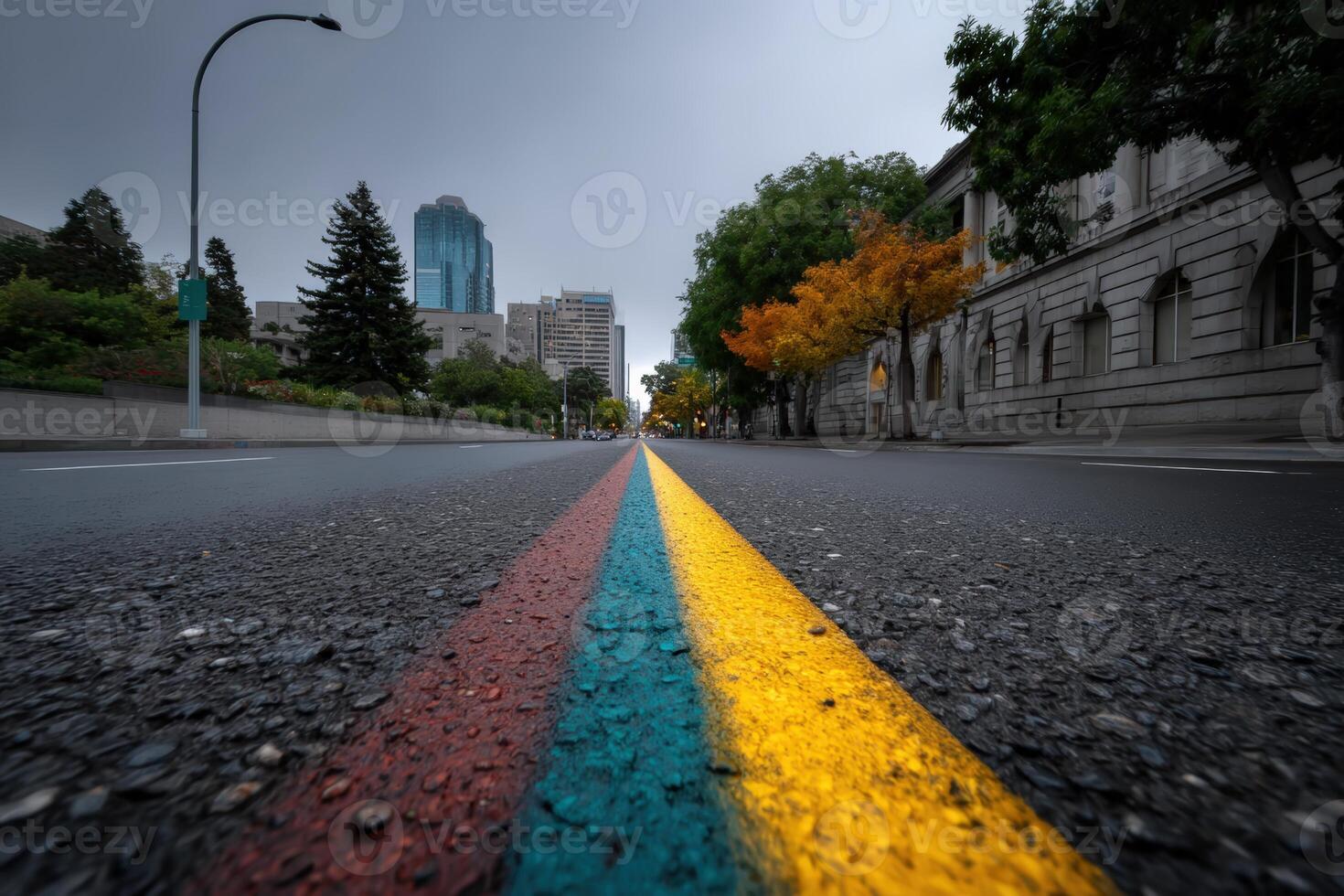 Colors in the air shift along an empty street in a city during overcast weather photo