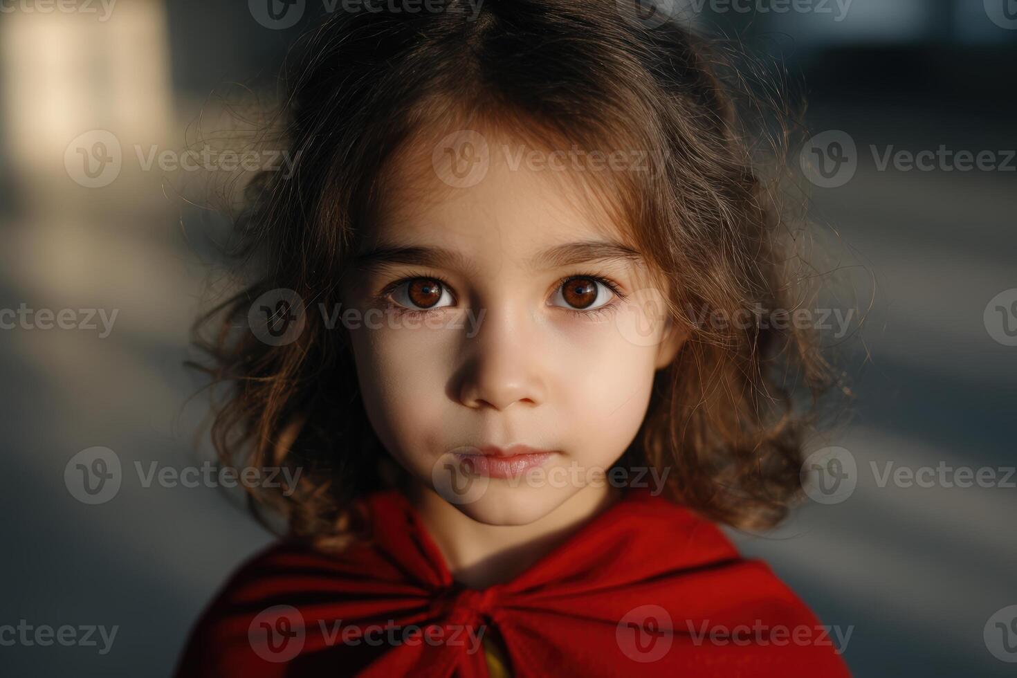 Little girl stands confidently in a bright room wearing a red cape and looking directly at the camera photo
