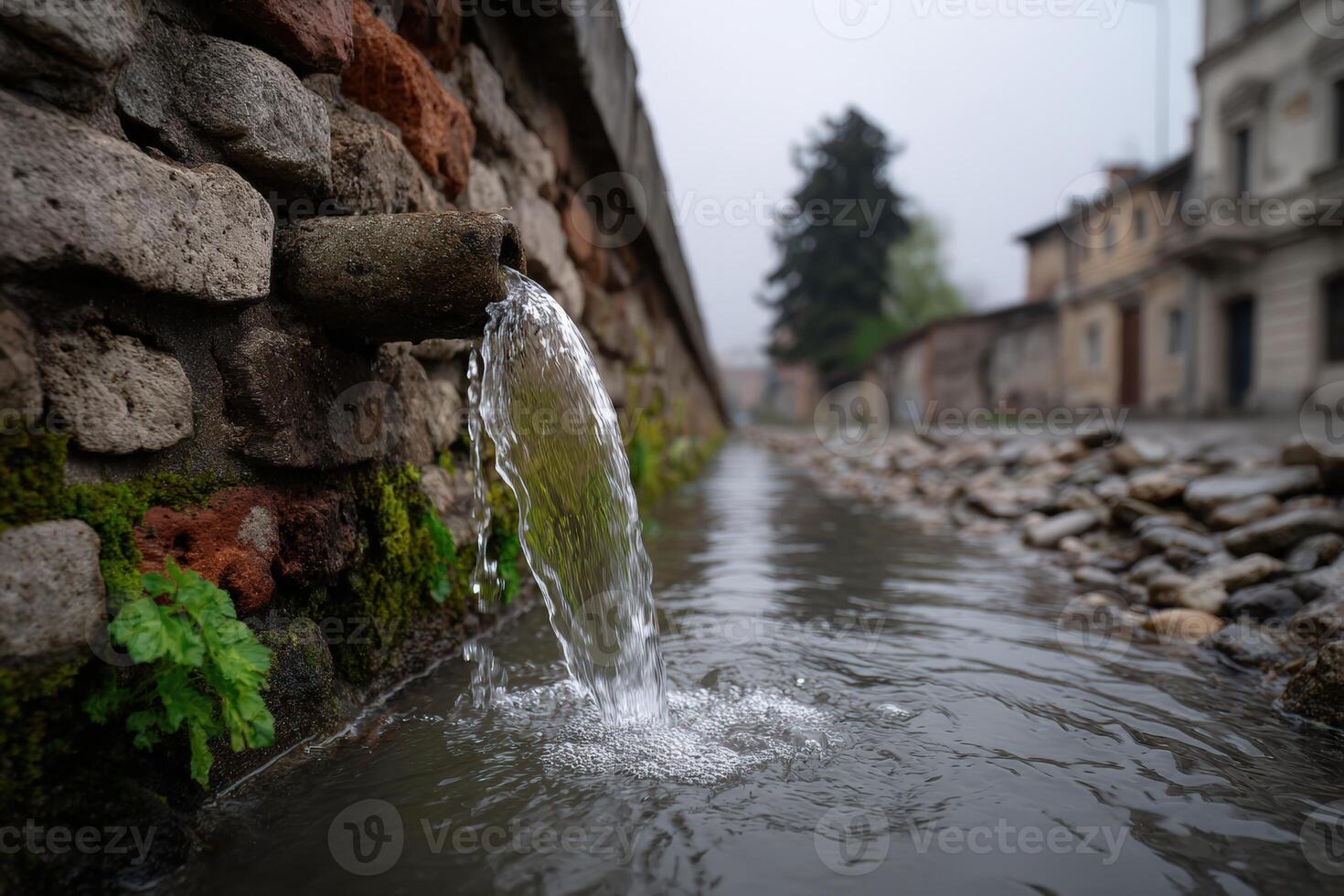 Water gently flowing from a brick wall into a puddle during a misty morning photo