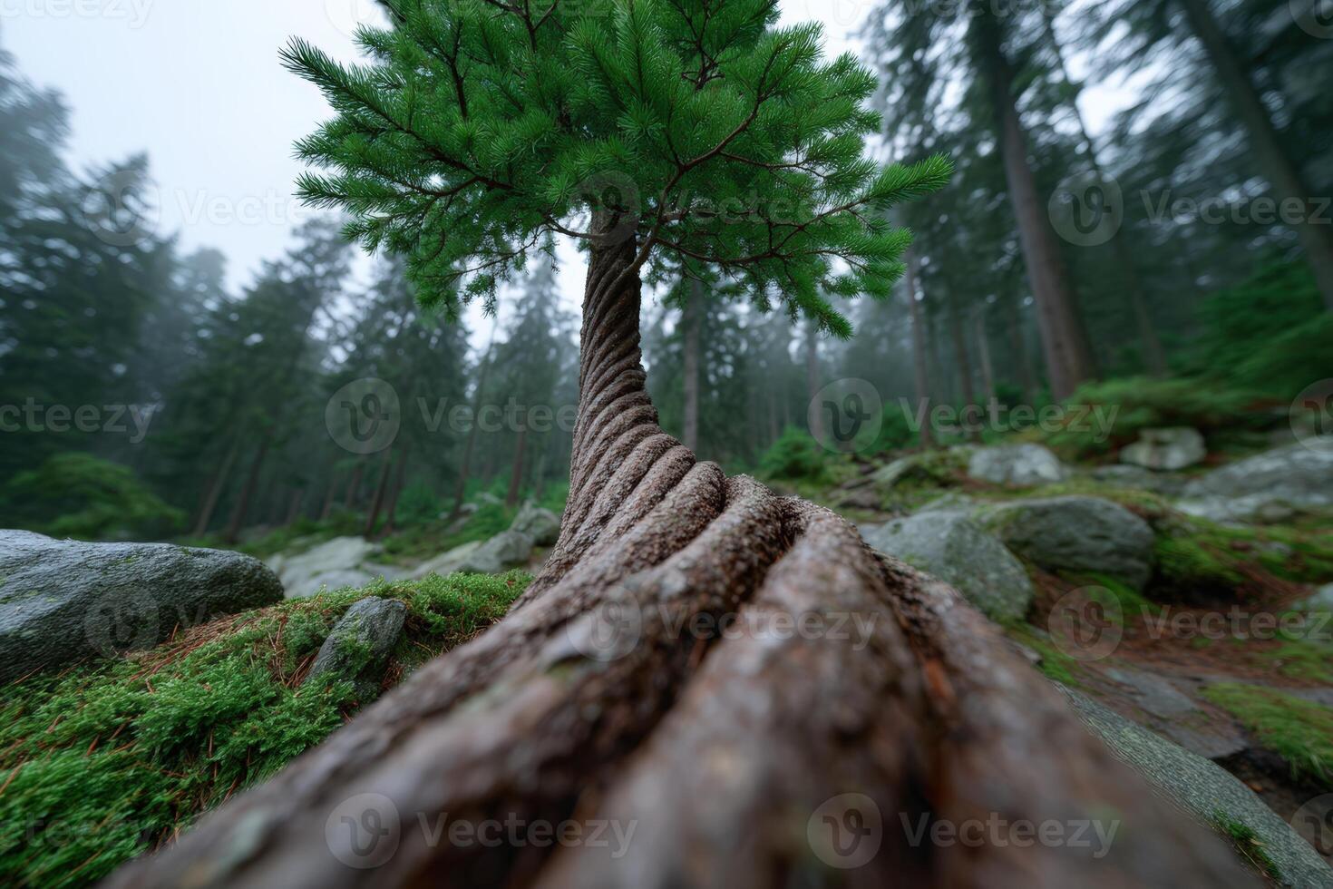 Unique tree trunk shows a perfect spiral formation amidst a misty forest setting photo