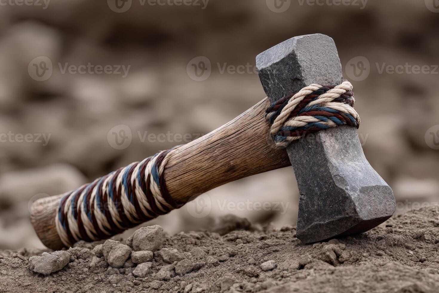 Stone-headed hammer resting on the ground in an outdoor work environment photo