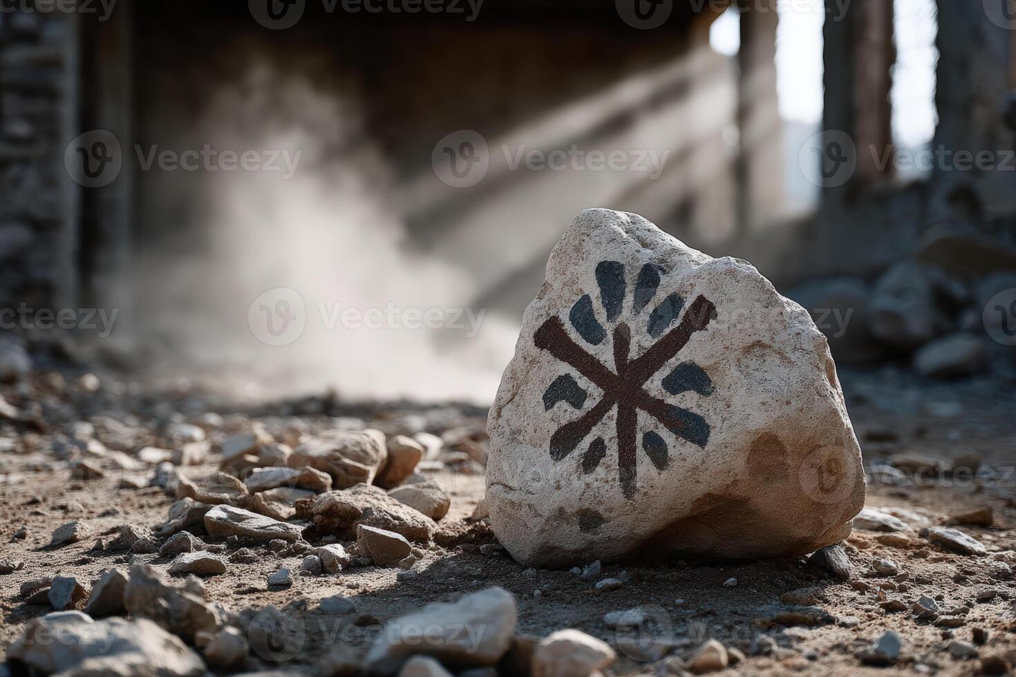 Ritual stone with unknown creature markings found in an abandoned site during the afternoon photo
