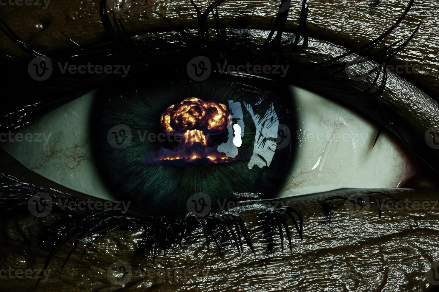 Close-up view showing a human eye reflecting an explosion in its pupil photo