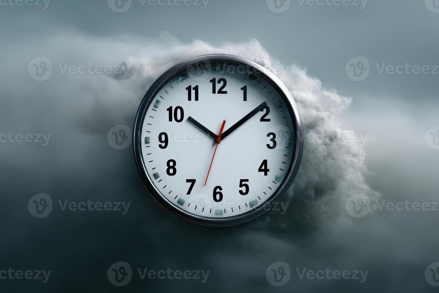 Clock transforms into swirling smoke at twilight, visualizing the passage of time photo