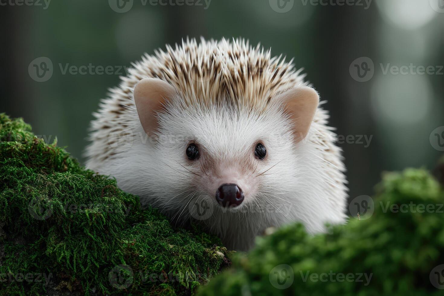 Hedgehog with unique quills exploring a mossy forest floor in the early morning light photo