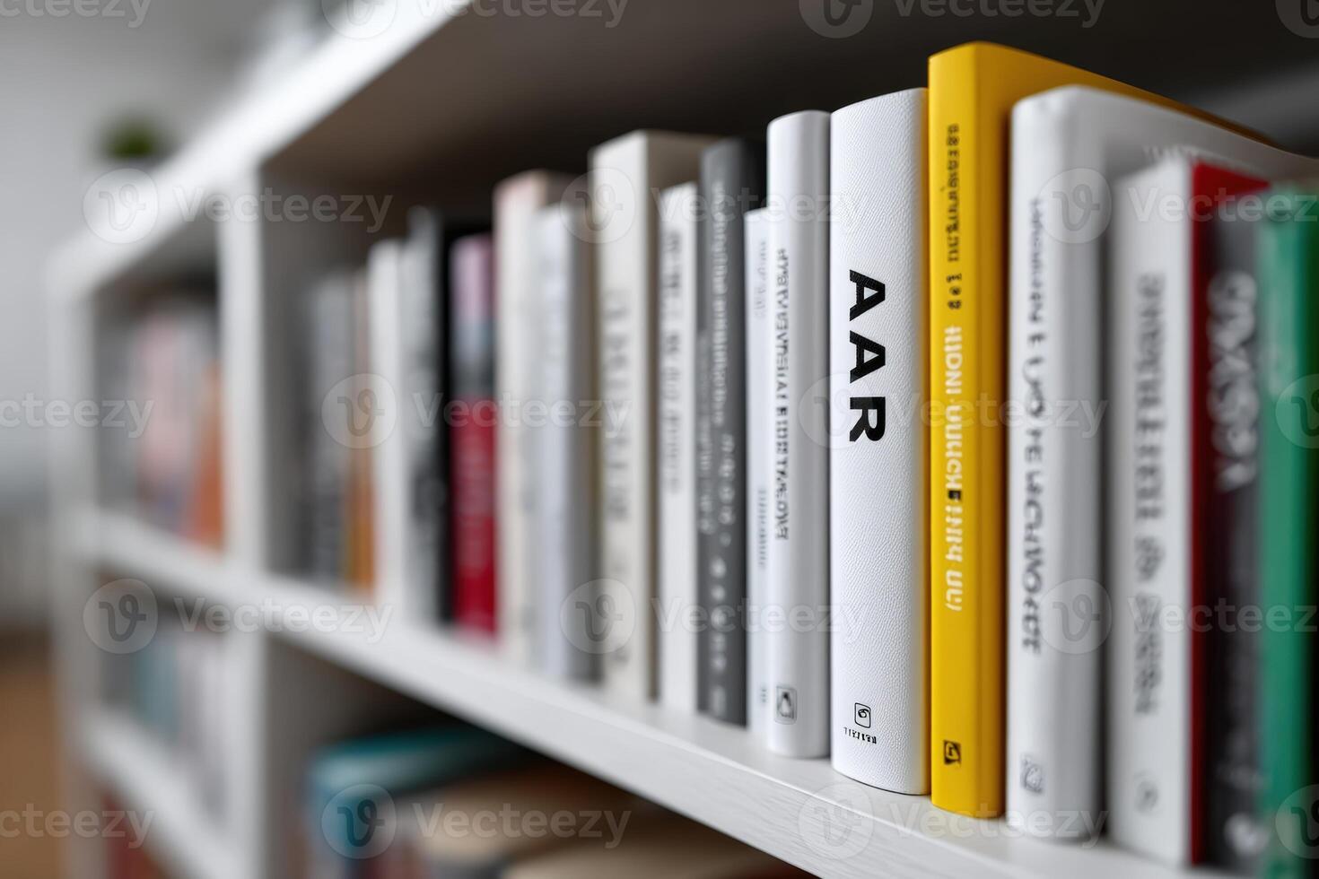 Books lined on a shelf displaying various titles in an unknown alphabet and organized in a neat order photo