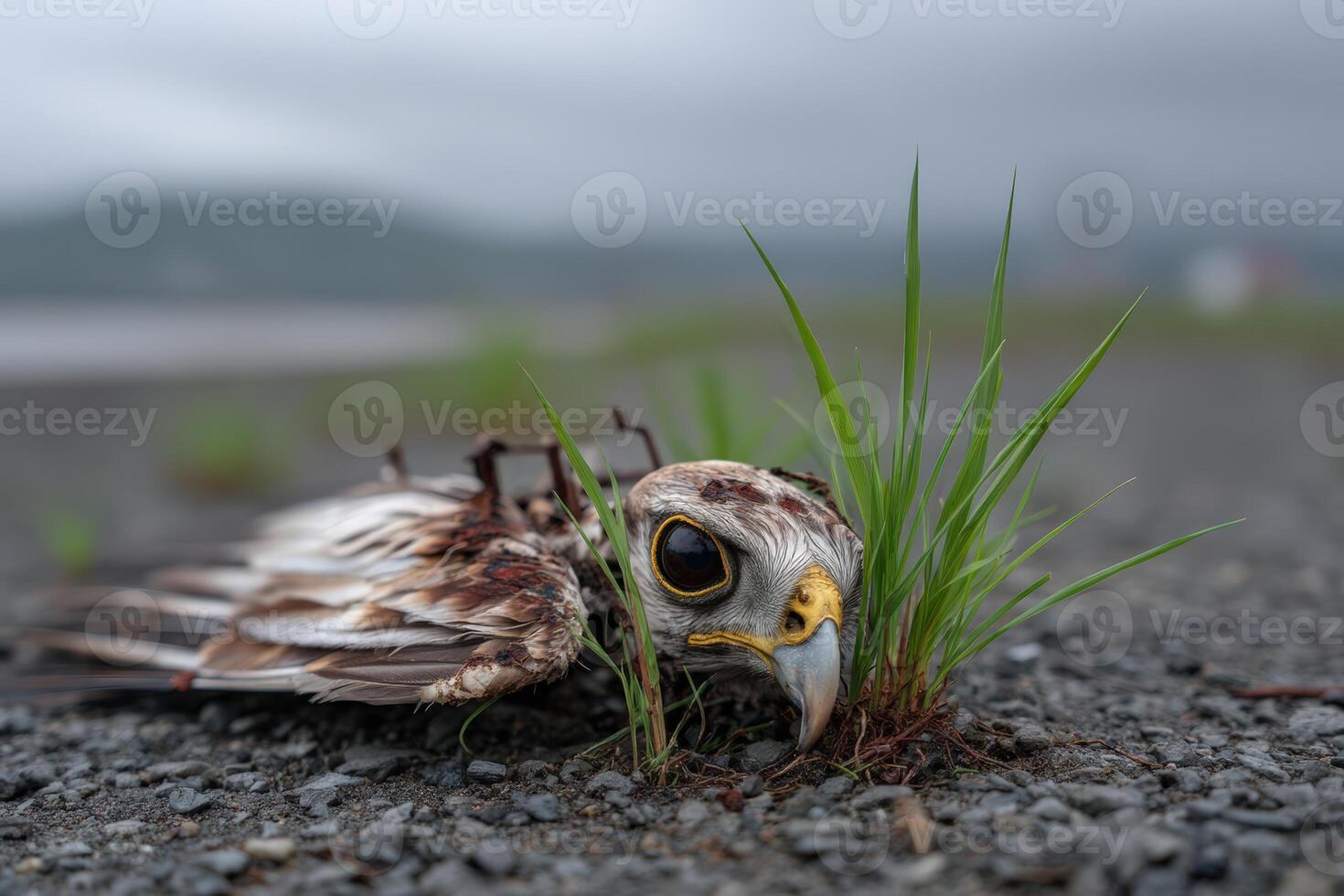 Drone covered in grass and rust sits abandoned in an overgrown field at dusk photo