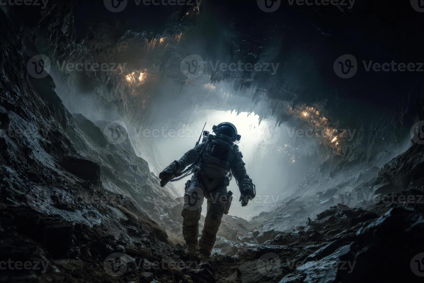 Modern spacesuit explorer descends into a mysterious cave environment photo