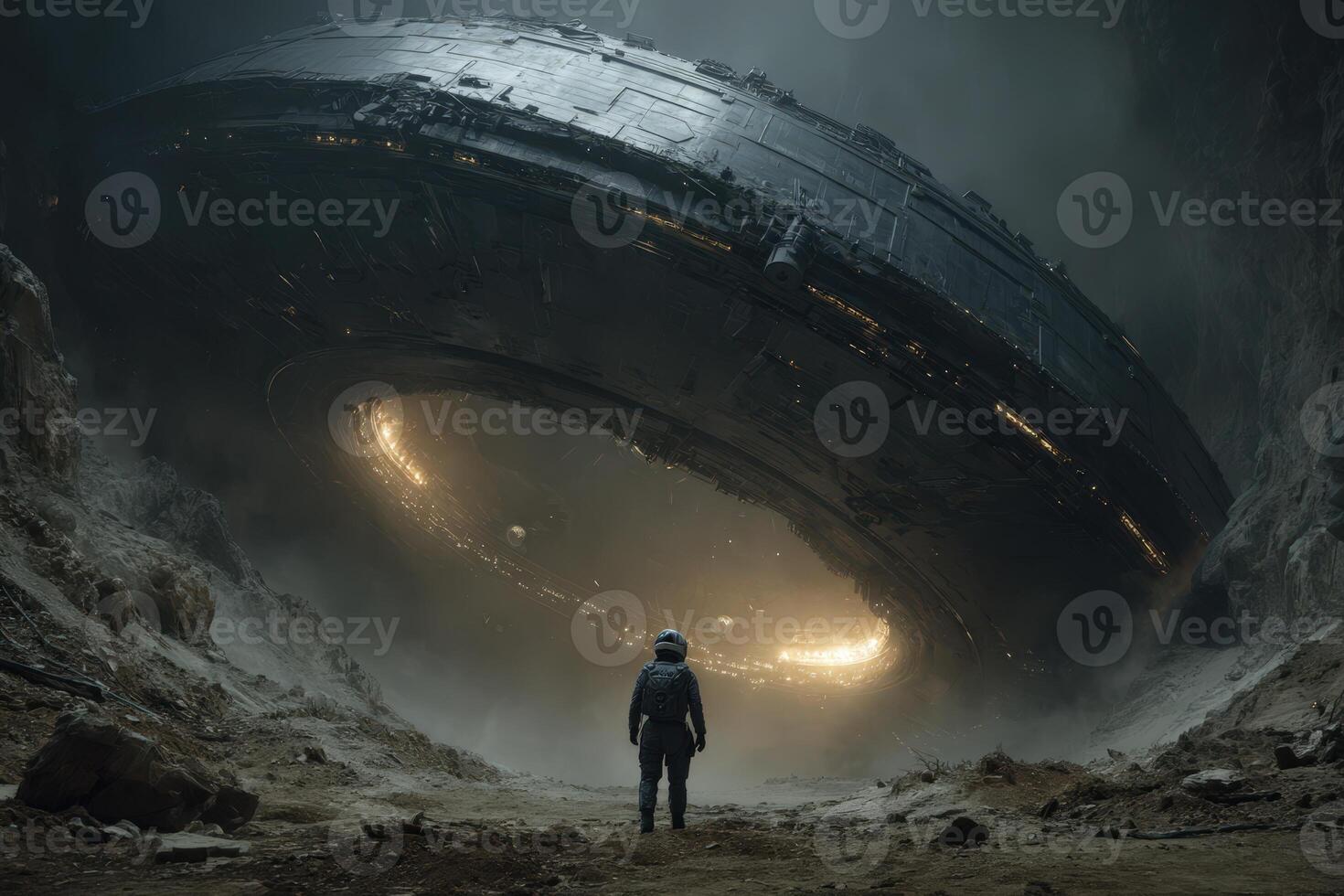 Modern spacesuit exploration near a mysterious alien spacecraft in a dark setting photo