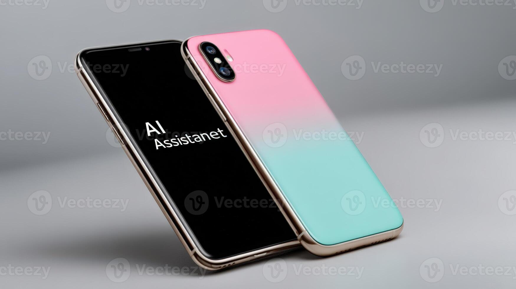 Smartphone placed flat on a minimal surface with a gradient design and vibrant display photo