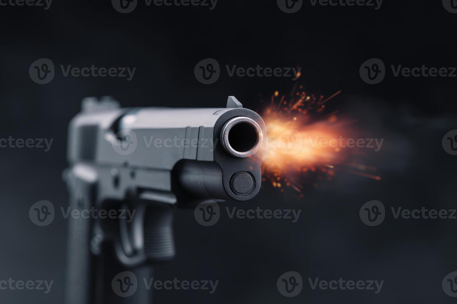 Bullet fired from a handgun with visible flame and sparks in a dark environment photo